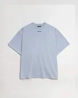 Remera oversize de algodón color gris claro, con cuello redondo y manga corta. Presenta un pequeño logo bordado en azul en el pecho.