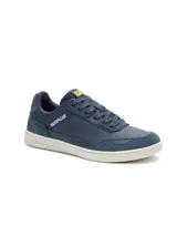 Zapatillas urbanas Caterpillar modelo Pause Retro Leather, de color azul marino, con detalles en ante y suela de goma blanca. Presenta cordones al tono y el logotipo de la marca en el lateral y la lengüeta.