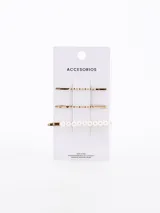 Pack de tres broches para el pelo en color dorado. Incluye dos horquillas simples con diseño ondulado y una horquilla decorada con una hilera de perlas sintéticas.