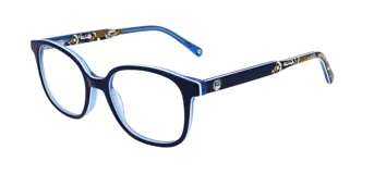 Armazón de acetato azul con interior celeste para lentes de receta, con diseño de los Minions en las patillas.