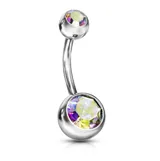 Piercing de ombligo de acero quirúrgico con una esfera superior y una esfera inferior con un cristal incrustado.