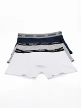 Pack de tres boxers de algodón con cintura elástica personalizada con el logo de la marca. Incluye un boxer blanco, uno gris melange y uno azul marino.