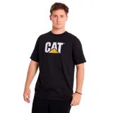 Remera de manga corta con cuello redondo, color negro, con el logo de la marca CAT estampado en el pecho en color blanco y amarillo.