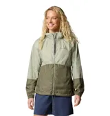 Campera cortavientos Columbia de mujer, en tonos verde claro y verde militar. Cuenta con capucha ajustable, cierre frontal completo, bolsillos con cremallera y puños elásticos.