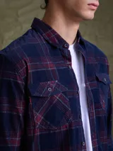 Camisa de pana color azul marino, con mangas largas, cuello clásico y dos bolsillos frontales con solapa y botón.