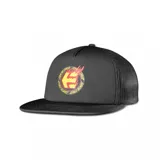 Gorra negra con visera plana y paneles traseros de malla. Estampado frontal con el logo de Etnies y Santa Cruz en amarillo y rojo.