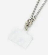 Correa para celular tipo cordón de metal dorado con diseño de cadena serpiente, equipada con mosquetones tipo langosta en los extremos y soporte plástico para sujeción al dispositivo.
