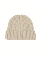 Gorro tipo beanie de punto trenzado en color negro, con borde acanalado y diseño clásico de invierno.