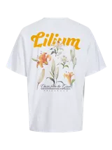 Camiseta blanca de algodón con estampado de flores y texto en la espalda.