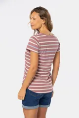 Remera manga corta con rayas horizontales color rosa, blanco, celeste y lila.