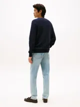 Sweater Tommy Hilfiger azul marino de algodón con cuello redondo y diseño de rayas horizontales texturizadas.