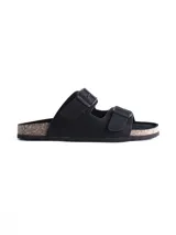 Sandalia tipo Birkenstock color negro con doble tira ajustable mediante hebillas metálicas y plantilla de corcho.