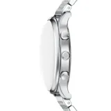 Reloj cronógrafo Emporio Armani con caja de acero inoxidable plateado y esfera azul con acabado sunray. Presenta subesferas, fechador y malla de acero inoxidable de eslabones finos.