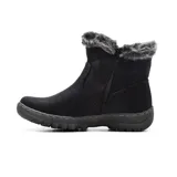 Bota corta de estilo casual color negro, confeccionada en material sintético con acabado mate. Presenta un cuello con forro de piel sintética gris y un cierre lateral decorativo y funcional. Cuenta con una suela de goma robusta con costuras visibles en el borde.