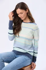 Buzo de tejido fino de algodón con diseño de rayas horizontales en tonos celestes, azules y beige. Presenta cuello redondo, mangas largas y puños en color azul marino.