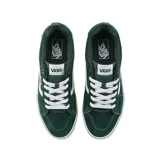 Championes urbanos Vans Filmore de lona y gamuza verde oscuro, con la clásica franja lateral Sidestripe en blanco, cordones blancos y suela de goma blanca con banda negra.