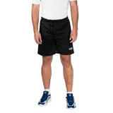 Short deportivo azul marino de poliéster con cintura elástica y cordón ajustable.