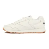 Championes Reebok Glide blancos con detalles en azul marino y suela color caramelo. Zapatillas de cuero con cordones y logo de la marca en el lateral y la lengüeta.