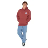 Canguro rojo con capucha y bolsillo tipo canguro. Estampado circular con el logo de Rip Curl en el pecho.