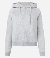 Saco femenino de algodón con capucha ajustable, mangas largas, cierre frontal con cremallera y bolsillos laterales.