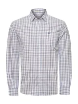 Camisa de manga larga RKF modelo Lighter, confeccionada en algodón orgánico. Presenta un diseño de cuadros en tonos blancos, azules y rojos, con cuello camisero, cierre frontal de botones, bolsillo en el pecho con logo bordado y corte modern fit.