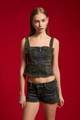 Top de jean con lavado oscuro, escote cuadrado y tirantes anchos. Cuenta con cierre frontal y múltiples bolsillos delanteros con solapa y botones.