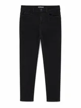 Jean chupín negro de tiro alto, confeccionado en denim con cinco bolsillos tradicionales y cierre frontal con botón y cremallera.