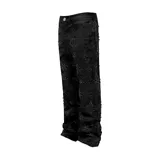 Pantalón de denim negro con acabado encerado, corte acampanado y diseño decorado con rombos formados por pedrería brillante en toda la superficie.
