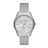 Reloj automático Emporio Armani con caja de 41 mm y correa de eslabones, todo en acero inoxidable plateado. Presenta una esfera plateada con efecto rayos de sol, indicadores de hora en bastón y números romanos, manecillas centrales y ventana de fecha a las seis.