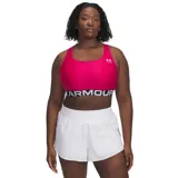Top deportivo Under Armour HeatGear® Armour Mid Crossback, color fucsia, con logo blanco en el frente y banda elástica con la inscripción "Under Armour".