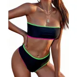 Bikini de dos piezas color negro con detalles en verde neón y fucsia. El top es tipo strapless (bandeau) y la bombacha es de tiro medio con corte clásico.