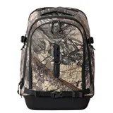 Mochila Rip Curl línea F-Light con capacidad de 35 litros, diseñada con estampado camuflado en tonos verdes, marrones y beige. Cuenta con múltiples compartimentos con cierre, correas de ajuste laterales y una base reforzada en color negro.