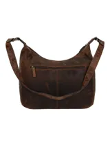 Cartera tipo hobo de cuero natural color marrón con acabado desgastado. Presenta laterales con diseño en relieve de motivos florales, compartimento principal con cierre de cremallera y logo de la marca grabado en una placa de cuero en la parte inferior frontal.