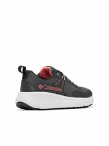 Championes de trekking Columbia Konos Trs Omni-Max para mujer, en color gris oscuro con entresuela blanca y detalles en coral. Diseñados con empeine de malla técnica y sistema Navic Fit para mayor soporte y comodidad en senderismo.