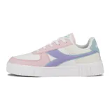Championes Diadora modelo Bampu para mujer, de base blanca con detalles en rosado, celeste y lila, con suela chunky acanalada.