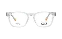Lentes de receta Klix modelo 106AU con armazón de acetato transparente y detalles en color naranja en las patillas.