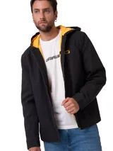 Chaqueta Caterpillar modelo Canvas Insulated Hoo de color negro, con capucha y forro interno acolchado de color amarillo. Cuenta con cierre frontal de cremallera, bolsillos laterales y parche con el logo de la marca en el pecho.