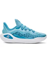 Championes de básquetbol Under Armour Curry 11, modelo Mouthguard, en color azul. Presentan tecnología UA IntelliKnit para mayor transpirabilidad y soporte, contrafuerte de TPU en el talón y amortiguación UA Flow de doble densidad para un rebote superior y agarre excepcional en la cancha.