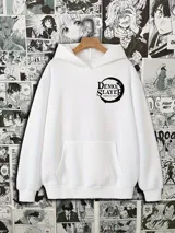 Canguro blanco con capucha y bolsillo delantero, con estampado del logo de Demon Slayer en el pecho.