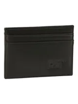 Billetera tarjetero de cuero negro con diseño minimalista y logo de la marca grabado en relieve. Cuenta con ranuras para tarjetas y tecnología de protección RFID.
