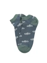 Medias cortas color azul con puntera, talón y elástico superior en verde militar, con estampado de monogramas en color blanco.