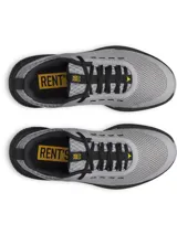 Championes de entrenamiento Under Armour Project Rock BSR 5, diseñados para estabilidad y flexibilidad. Presentan una parte superior de malla transpirable en color gris con detalles en negro y amarillo, mediasuela Charged Cushioning para amortiguación reactiva y tecnología UA TriBase para mayor contacto con el suelo.
