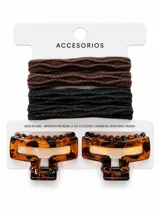 Set de accesorios para cabello que incluye dos pinzas carey con diseño rectangular y cuatro coleteros elásticos en tonos marrón y negro.