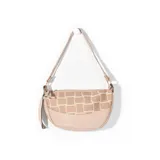 Cartera bandolera color beige con diseño de cuadros en relieve.