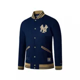 Campera estilo bomber azul marino con detalles en color tostado, cierre de botones a presión, bolsillos laterales ribeteados y el clásico logo NY de los New York Yankees bordado en el pecho.