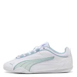Championes Puma modelo Catch Soleil para mujer, color blanco con detalles en celeste, confeccionados en material sintético con la característica franja Formstrip de la marca y logo en el lateral.