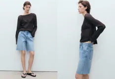 Short de denim tiro medio con diseño de cinco bolsillos, trabillas para cinto y bajo deshilachado.