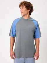 Remera holgada Rusty color gris con mangas raglán celestes, cuello redondo ancho y logo bordado en el pecho.