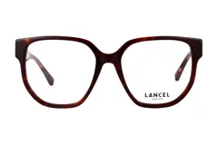 Lentes de receta Lancel con armazón de acetato en tono carey oscuro, de forma cuadrada y diseño clásico.