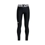 Calza larga Under Armour HeatGear negra con cintura ancha elástica con el logo de la marca en blanco y logo de la marca en la pierna izquierda.